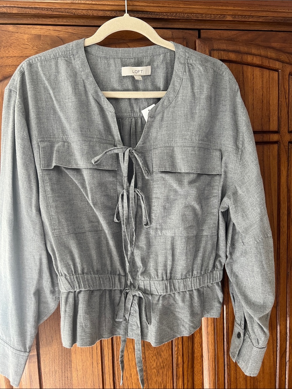 LOFT Gray Utility Tunic blouse with ties and cinched waist